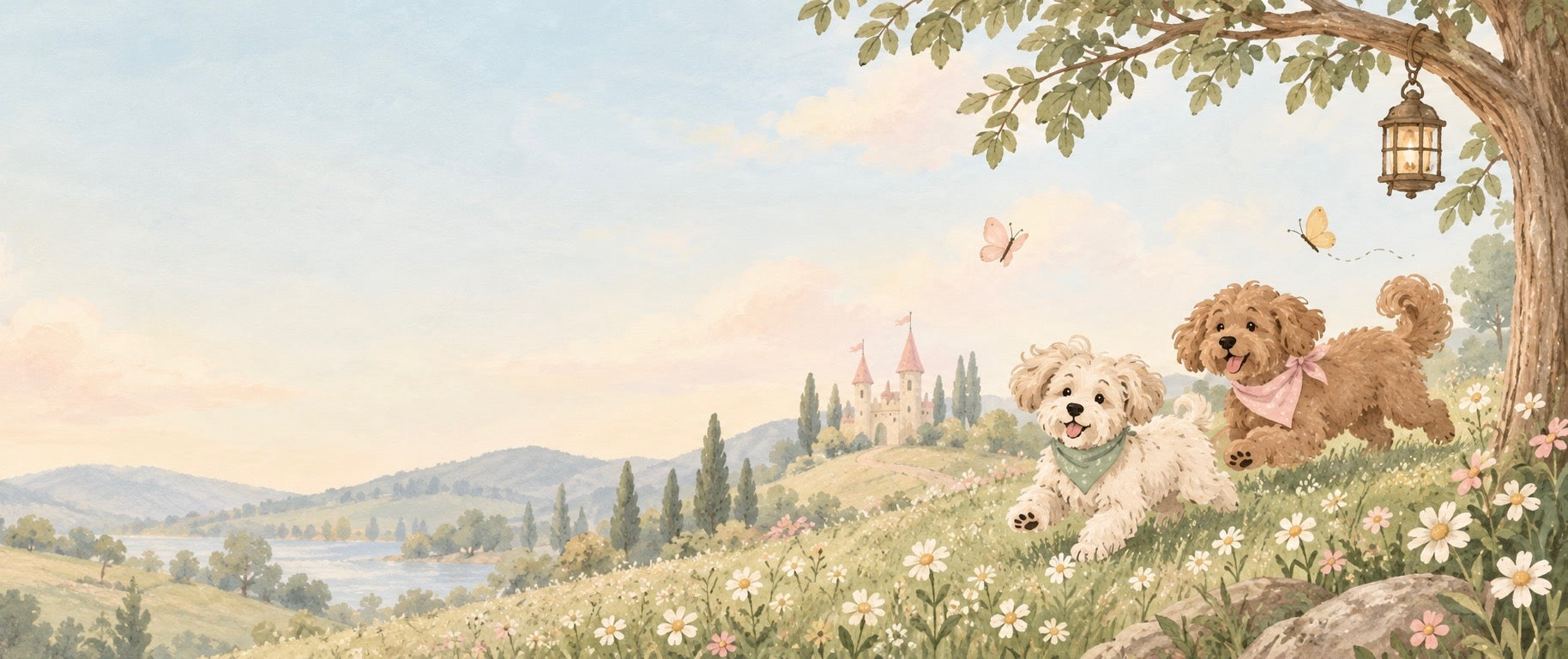 Two storybook puppies running through a flower meadow below a fairytale castle