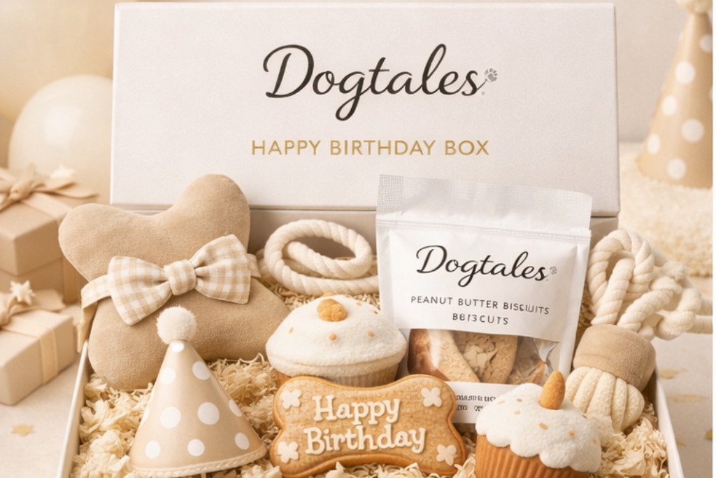 Dog birthday gift box with 'Happy Birthday' banner and 'Dogtales' branding.